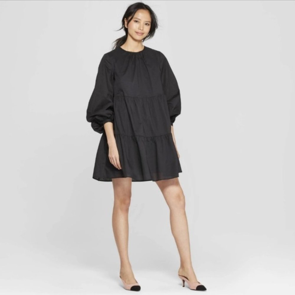 WHO WHAT WEAR - LONG SLEEVE TIERED MINI DRESS - BLACK - MEDIUM